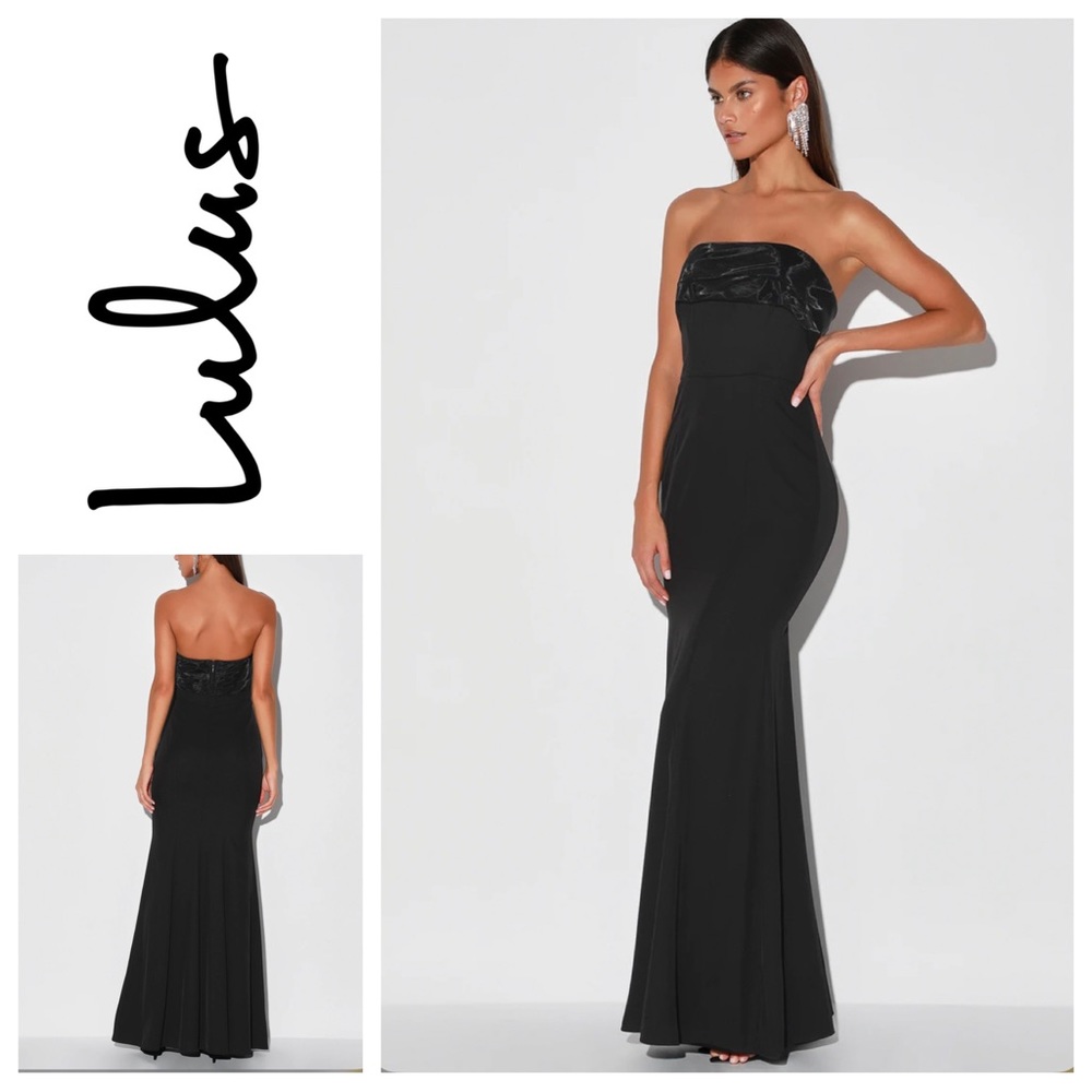 NWT Lulu’s Brilliantly Bold Black Strapless Mermaid Maxi Dress Sz: M